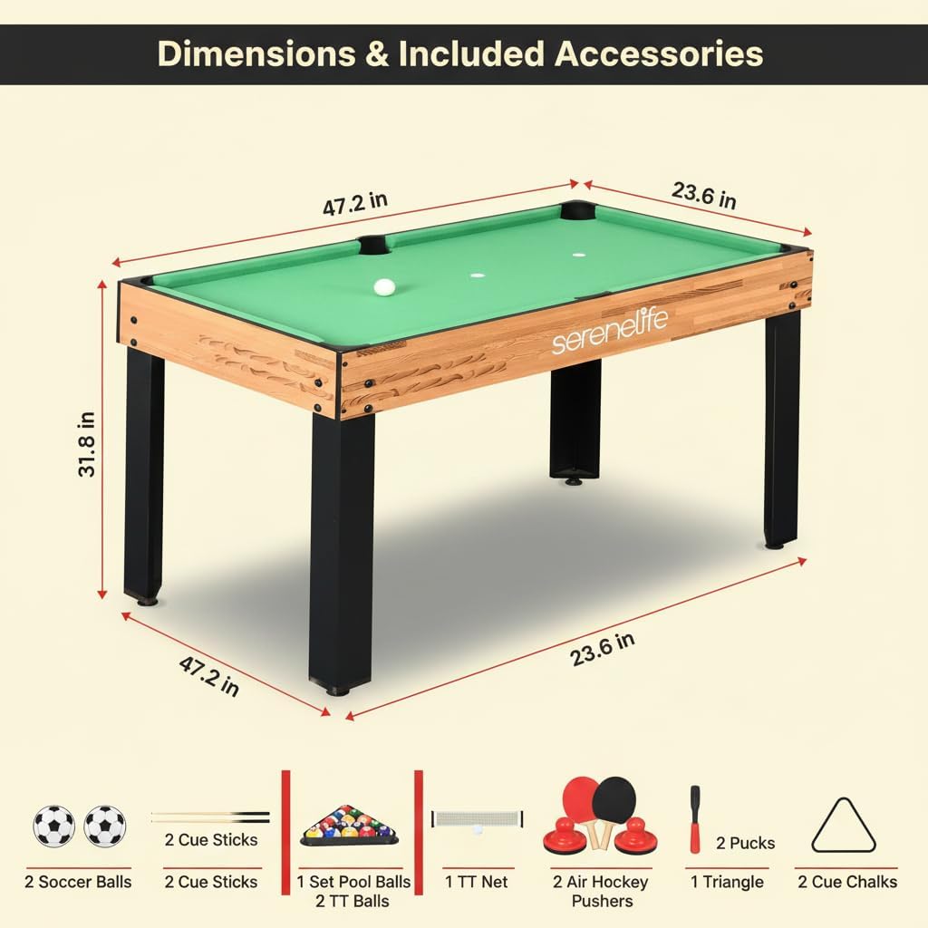 Multi Game Table, 48” Sports Arcade Games with Accessories, Ping Pong, Hockey, Pool Billiards, Soccer Foosball All in One, for Indoor and Outdoor, Family, Kids and Adults