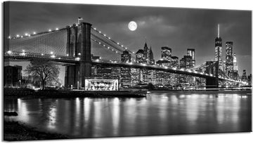Black and White New York Picture Brooklyn Bridge Canvas Wall Art Full Moon Night Manhattan City Poster Canvas Print