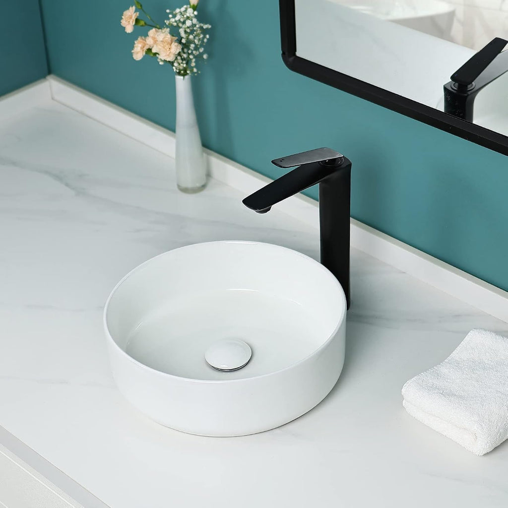 14'' Round Vessel Sink with Pop Up Drain,Bathroom Vessel Sinks,Bathroom Sinks Above Counter,Ceramic Vessel