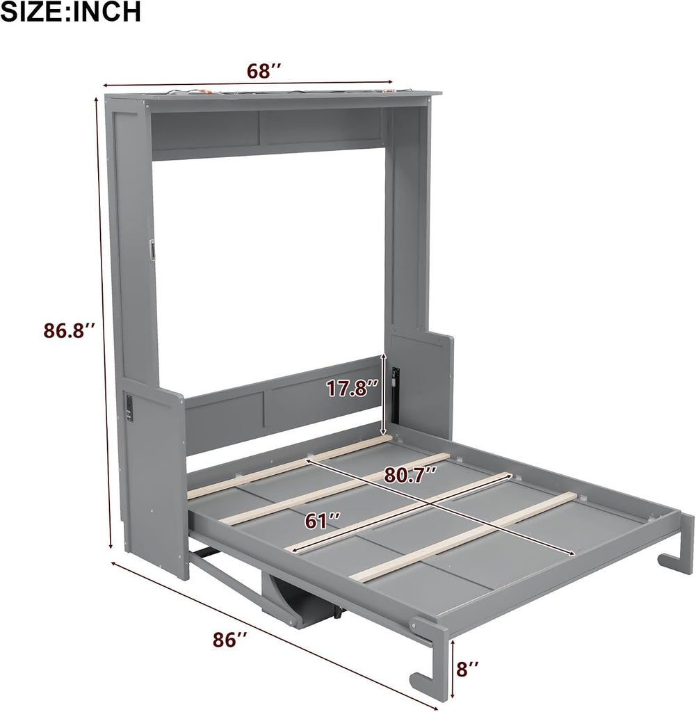 Queen Murphy Bed with Desk, LED Lights and USB Charging Ports, Wall-Mounted Space-Saving Bed, Solid MDF + Plywood