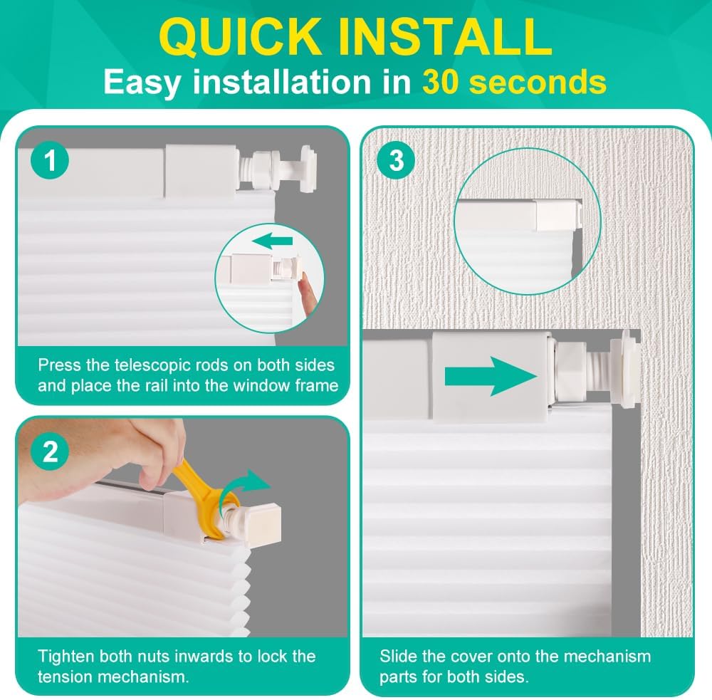 No Drill Cellular Shades Cordless Blackout Honeycomb Blinds 17"Wx36"H White