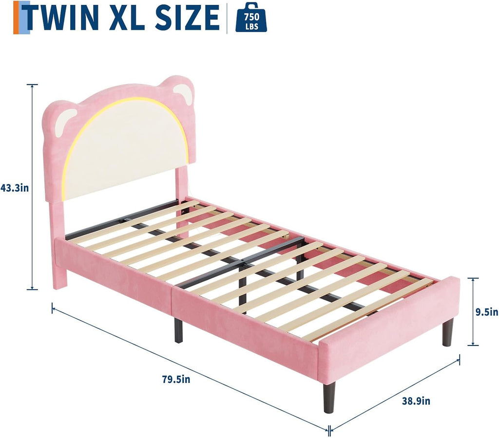 Pink Bed Frame Twin XL Size with LED Lights & Adjustable Headboard | Cute Bear Ear Kids Bed Frames, Velvet