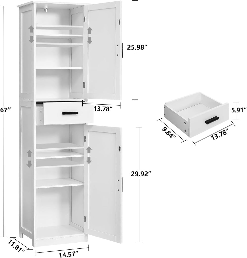 67'' Tall Bathroom Cabinet, Storage Cabinet with 4 Shelves & 2 Doors, Narrow Storage Cabinets , White