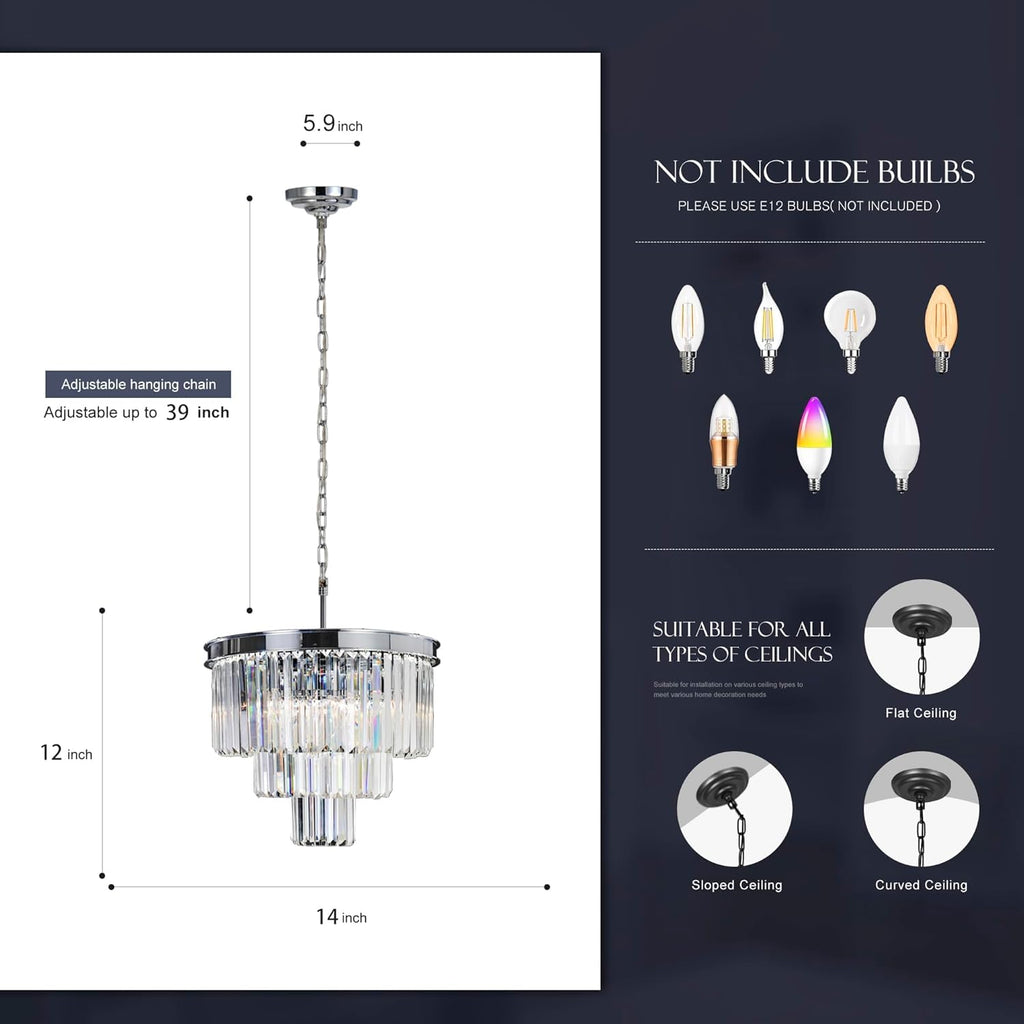 Inspired Odeon Style 4-Light Chrome Crystal 3-Tier Modern Chandelier