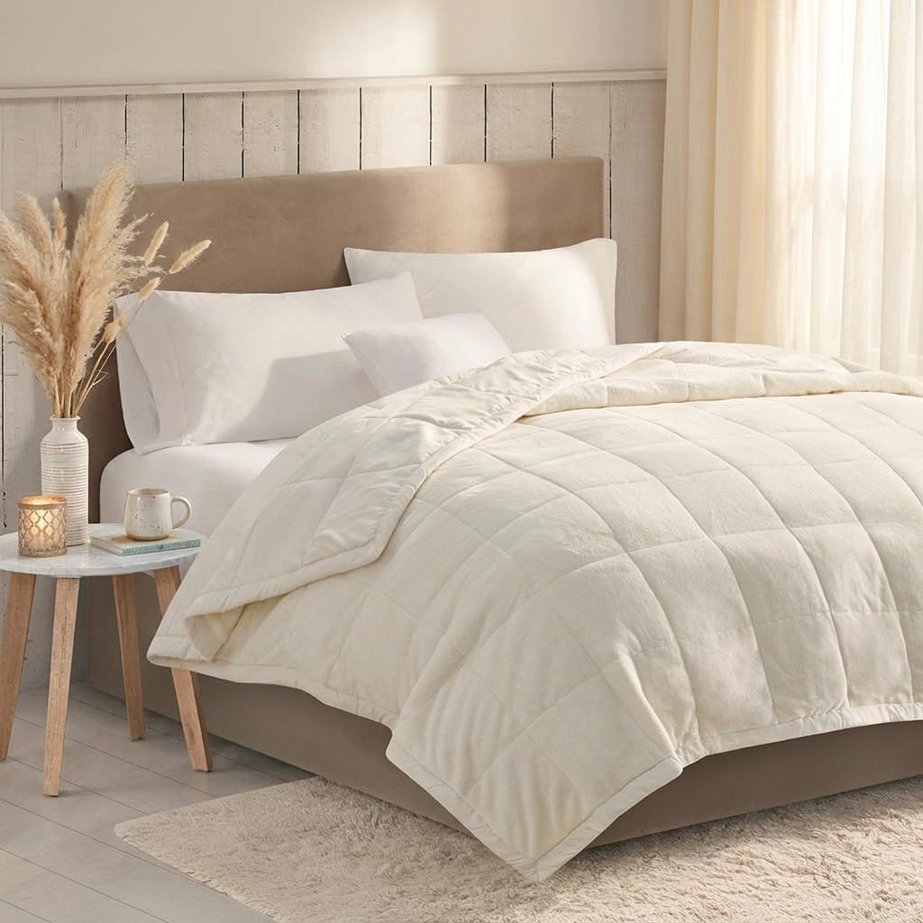Cooling Weighted Blanket for Adults 15 lbs Queen Size, Reversible Smart Temperature Down Alternative Blanket, White