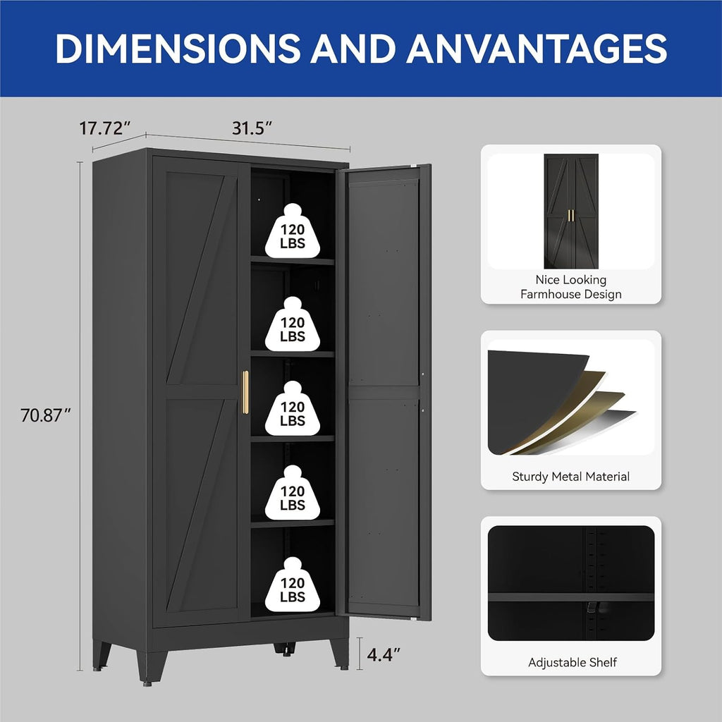 Wardrobe Closet with Doors, Metal Bedroom Armoire with Adjustable Hanging Rod and Shelves, Farmhouse Broom Closet
