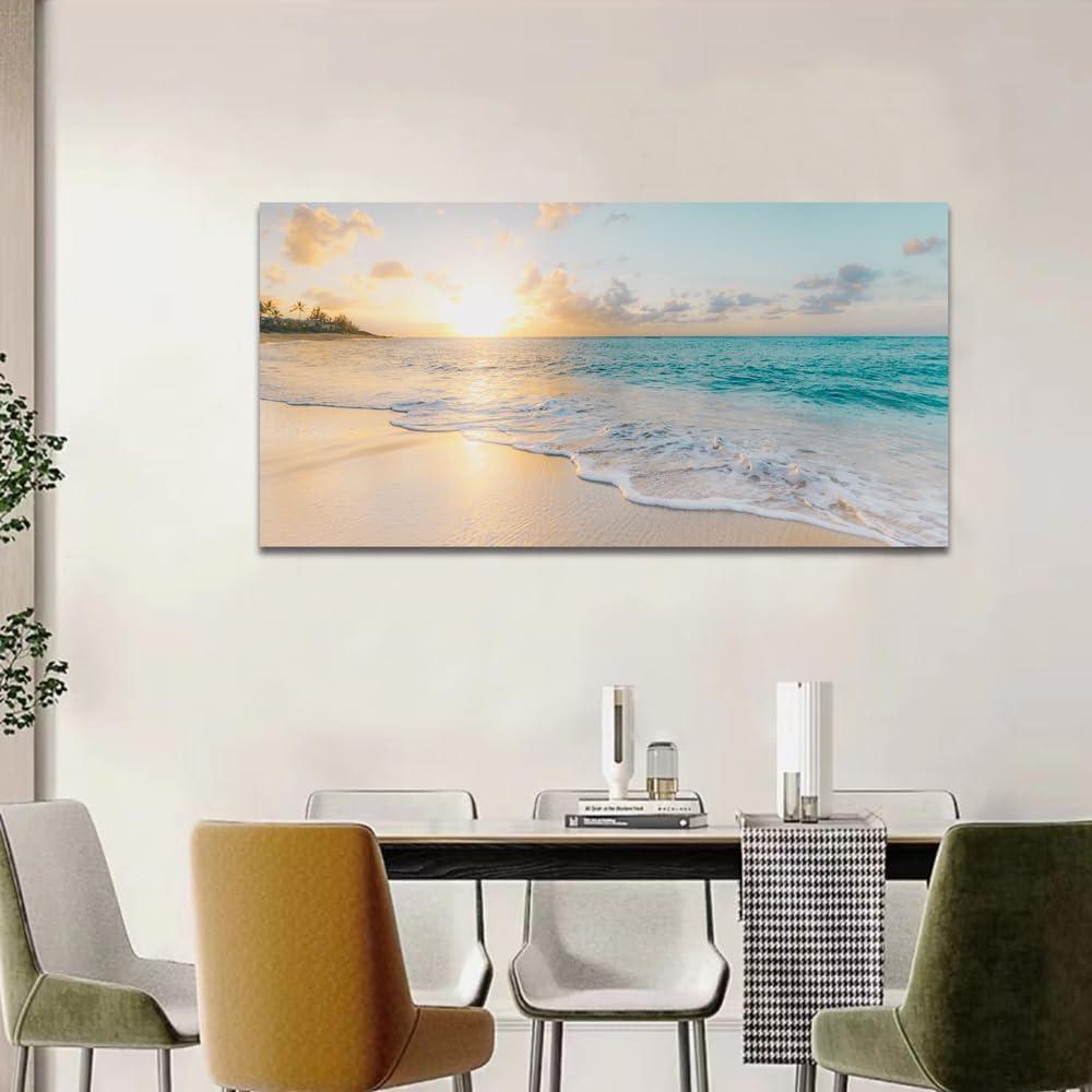 Ocean Wall Art Pictures Beach Canvas Wall Art Decor Gold Sunset Canvas Painting for Wall Coastal Theme Art Print Home