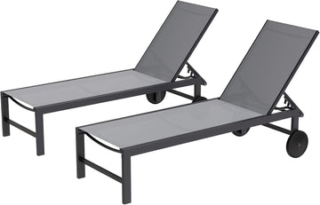 2 PCS Outdoor Chaise Lounges Chair with Wheels Aluminum Reclining Patio Lounge Chairs with 5 Adjustable Position