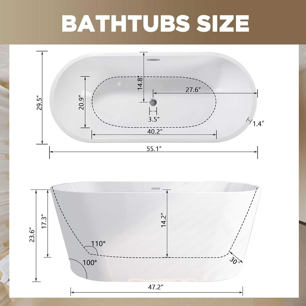 55" Oval Freestanding Soaking Bathtub with Toe-Tap Chrome Drain, Stand Alone Tub, Acrylic Soaking Tub, Ergonomic
