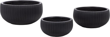 Outdoor Patio Furniture Collection - Anita Black Planter Pot Set of 3, Fiber Clay Decorative Planters, Ribbed Bowl