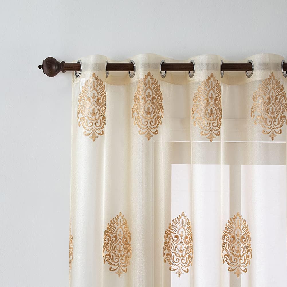 Luxury Damask Embroidered Sheer Curtains Transparent Tulle Curtain,52inchX96inch,Grommet Top,2 Panels - Set of 2