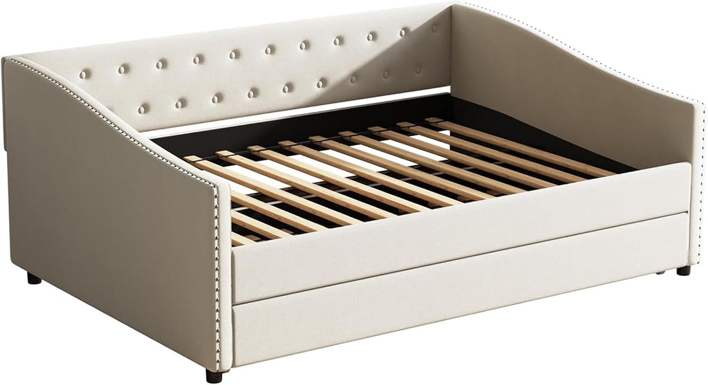 Full Size Upholstered Daybed with Trundle | Twin Size Trundle,Button-Tufted Back, Piping on Waved-Shape Arms, Solid