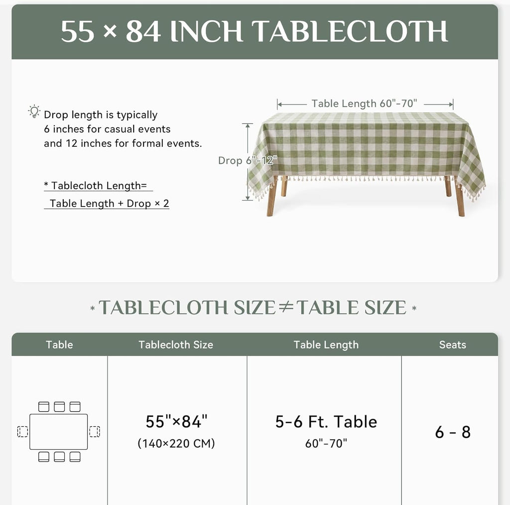 Outdoor Checkered Tablecloth, Linen Cotton Gingham Table Cloths for 6 Foot Rectangle Tables with Tas