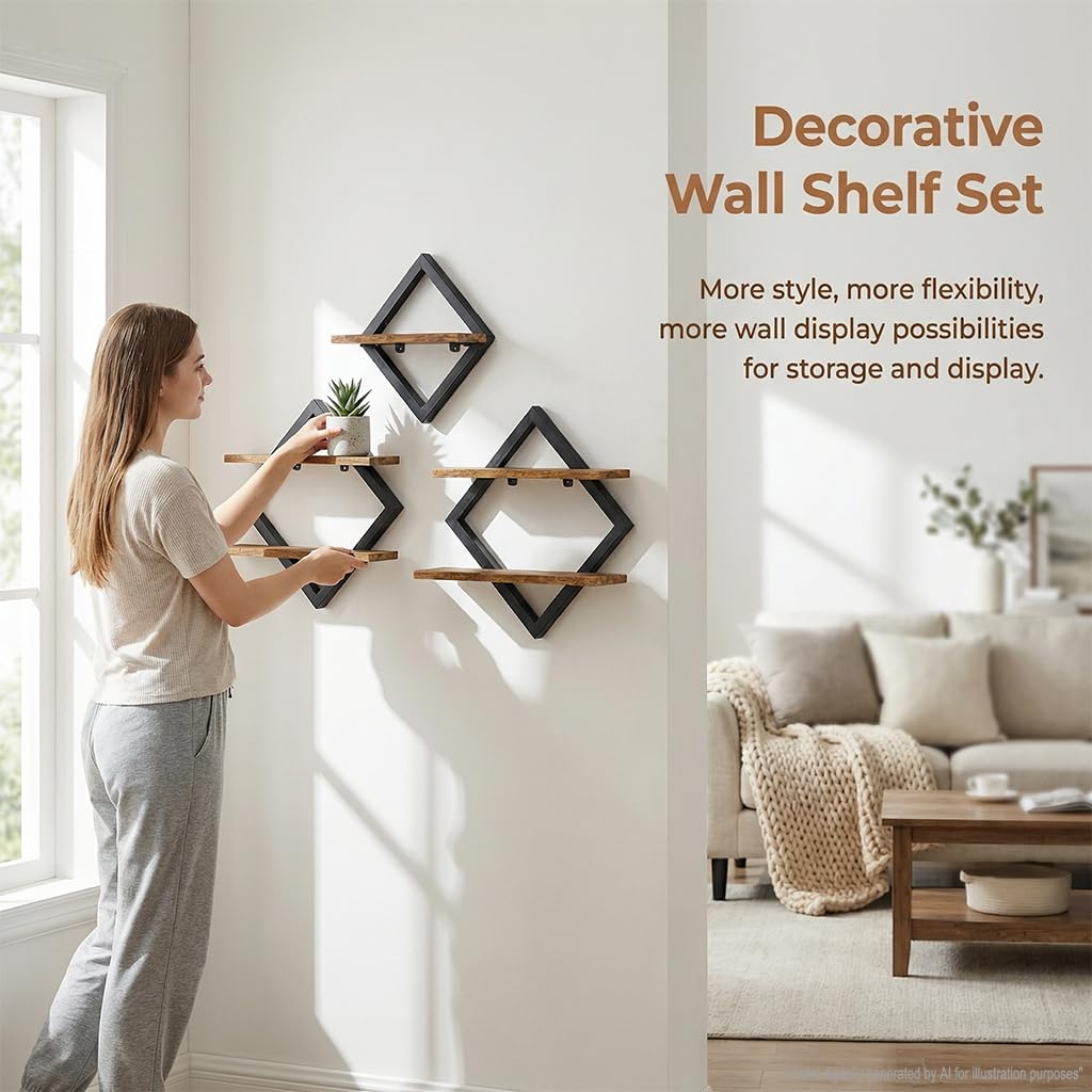 Floating Shelves Shelves on Wall Set of 3, 2-Tier Hanging Wall Mounted Shelves Decorative Wooden Wall, Hanging Wall