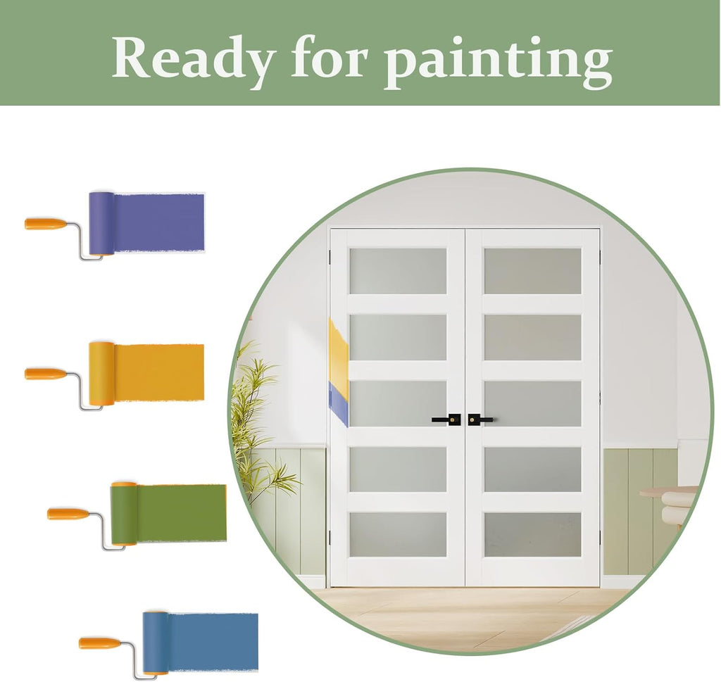 French Doors 48"x80" (Double 24"x80"), 5-Lite Tempered Frosted Glass Solid Core Door Slabs with Jamb & Black Hardware