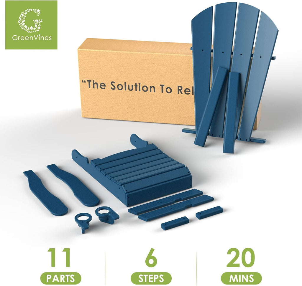 Folding Adirondack-Chairs-with-Ottoman Set of 2, HDPE, Blue | Retractable Foot Rest | Hidden Cup Holders | 5" Wide