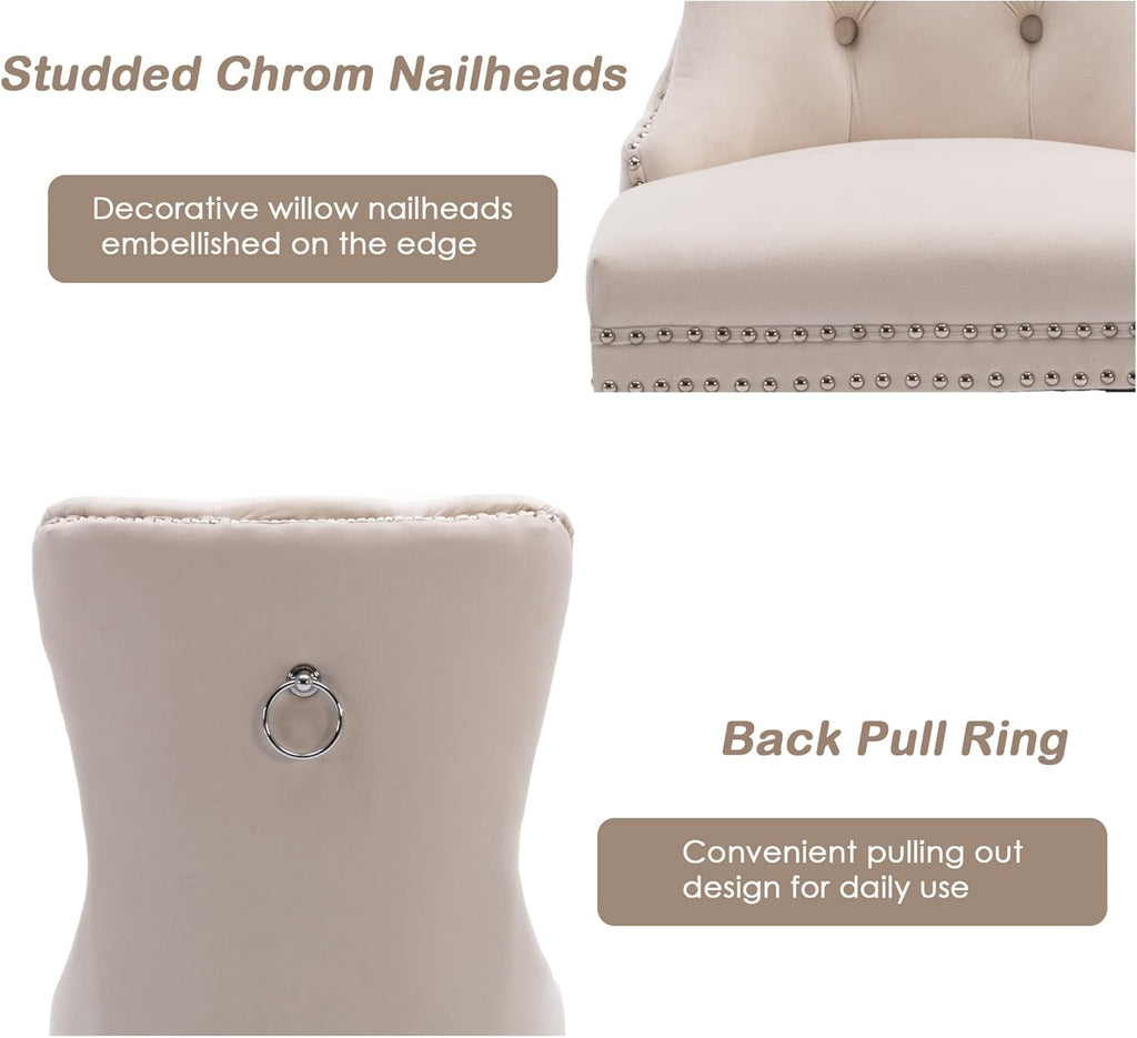 Velvet Dining Chairs Set of 2, Upholstered High-end Tufted Dining Room Chair with Nailhead Back Ring Pull Trim