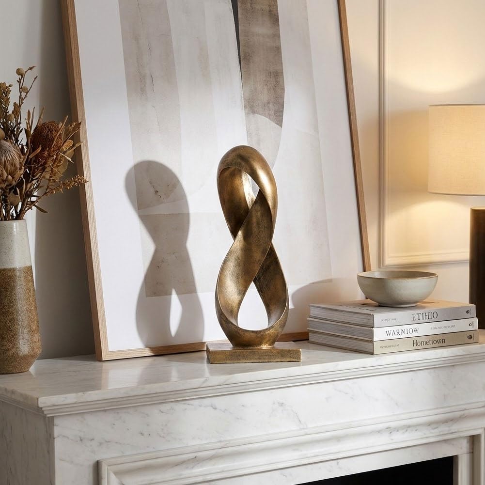 14.6" Tall Abstract Bronze-Finish Knot Sculpture, Modern Resin Infinity Loop Statue, Modern Tabletop Decor for Coffee