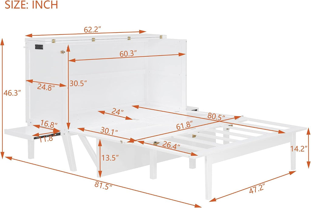 Foldable Murphy Cabinet Bed with Removable Shelves on Each Side and Desk, Queen Wood Murphy Bed with USB Port for Bedroom, White