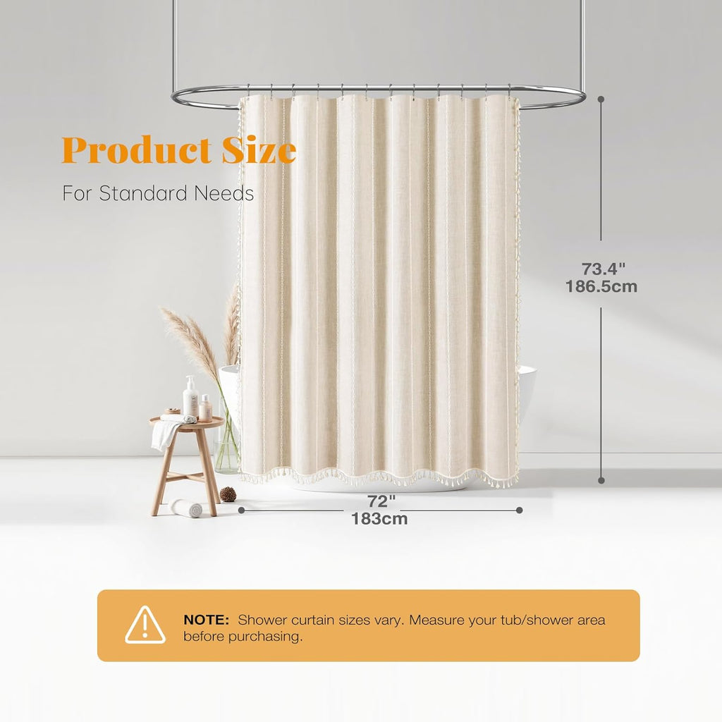 Boho Farmhouse Shower Curtain, Linen Rustic Weighted Striped Cloth Shower Curtain Set with Tassel, Water Repellent