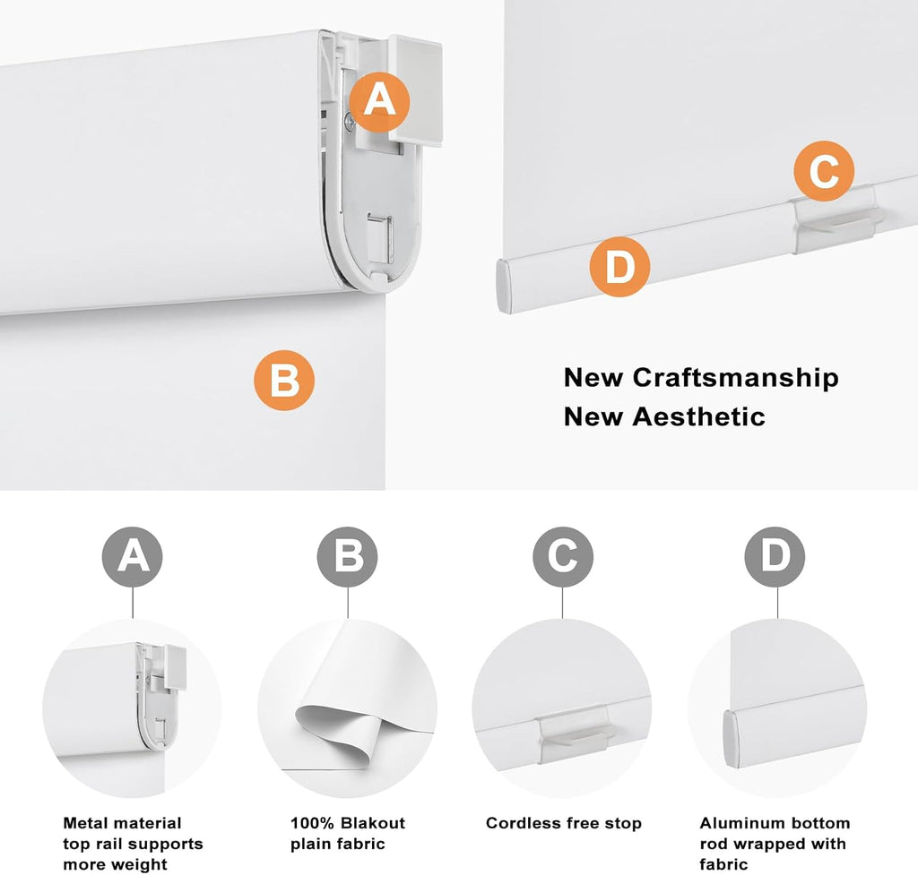 No Drill No Tools 100% Blackout Window Blinds, Free-Stop Cordless Roller Blinds for Windows, UV Protection Thermal