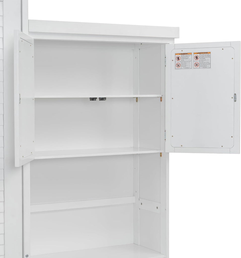 White Murphy Bed Queen with Shelves and Cabinet,Multifunctional Solid Wood Foldable Wall Bed with Louvered Style