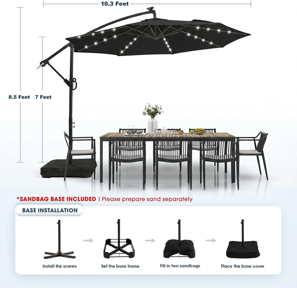10ft Solar LED Patio Umbrella with Base Included, Offset Umbrella with Weighted Sandbag Base