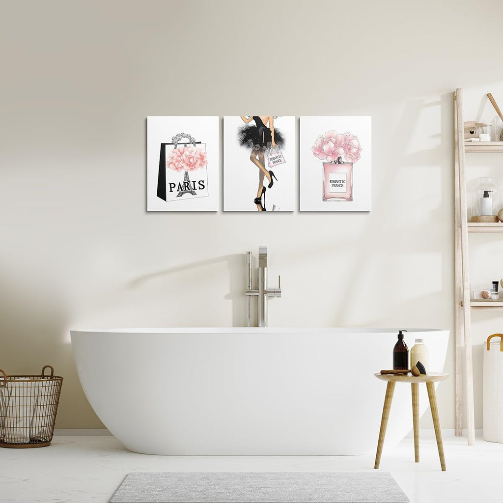 Eiffel Tower Picture Wall Decor Paris decor Canvas Wall Bedroom Rose Floral Bathroom Wall Decor Boys Girls Romantic