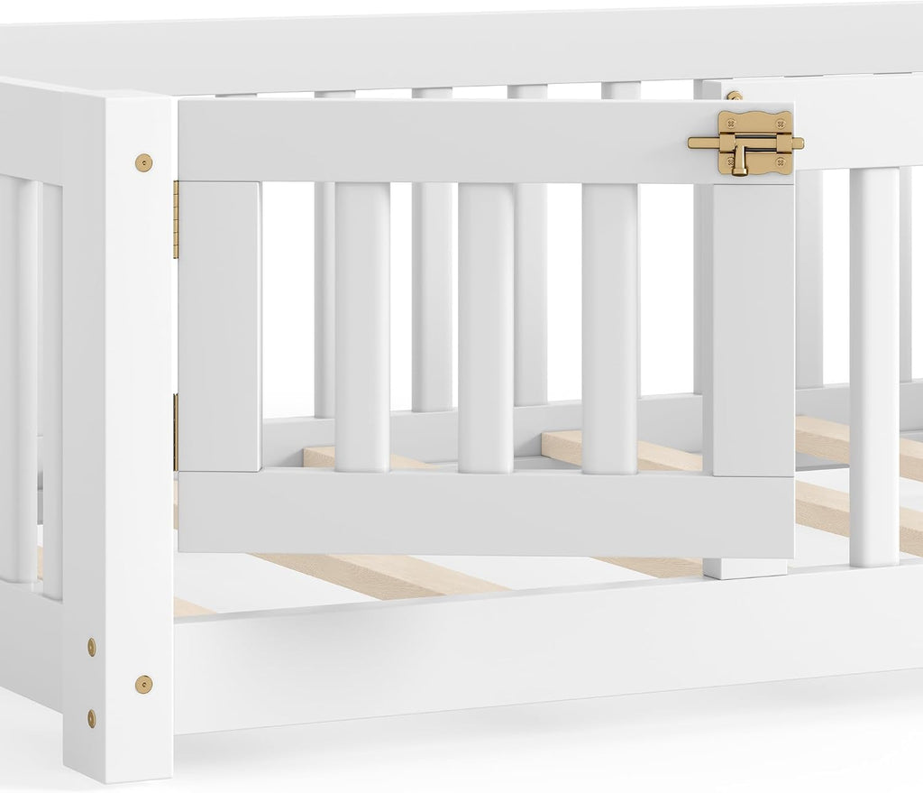 Twin Floor Bed with Slats, Fence and Door, Twin Size Montessori Floor Bed for Kids, Girls, Boys, Easy Assemble