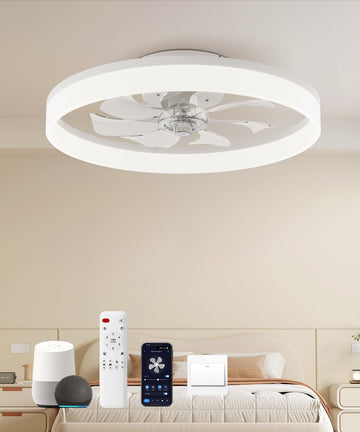 Smart Ceiling Fans with Light and Remote,20'' Low Profile Ceiling Fan with 6-Speed & Dimmable LED, Alexa/APP Home Voice Control, App, Reversible Airflow, App Timer, for Bedroom (White)