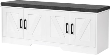 Farmhouse Shoe Storage Bench with 4 Barn Doors & Padded Seat Cushion | 47.2" Wide Entryway Bench with Adjustable