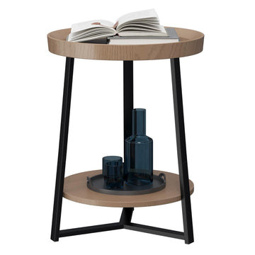 Round End Table with Storage Shelf, Walnut Color