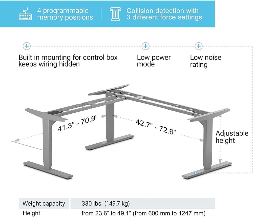 Standing Desk Corner Frame - Adjustable Height and Width Legs with Triple Electric Motors L Shaped Desk FLT-05 Grey
