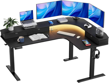 65′′ L Shaped Standing Desk with 3 Drawers, Adjustable, Black | Built-in Power Outlets, LED Strip, Smooth Electric