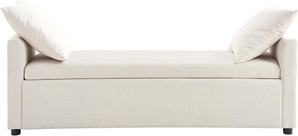 59" Storage Bench with 2 Throw Pillows & Armrests, Linen | Modern Long Bedroom Bench for End of Bed, Comfy