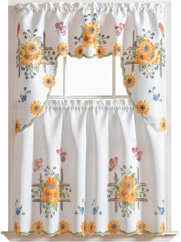 3pcs Farmhouse Kitchen Cafe Curtain Set Air Brushed by Hand of Sunflower and Butterfly Design on Thick Satin Fabric