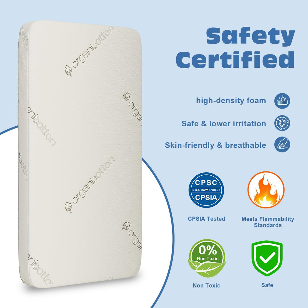 Crib & Toddler Mattress, 100% Organic Cotton Cover, Breathable, Premium Foam Interior, 5'' Thickness Firm, Fits Any