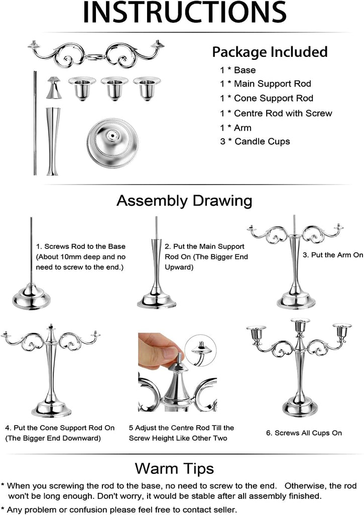 3 Arms Metal Candelabra Candlestick Silver European Elegant Candle Holder Candle StandHome Decoration (Silver Tone)