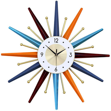 Large Wall Clock 27.5 Inch Modern Wall Clock Starburst Mid-Century Modern Decor Non-Ticking Battery Operated Colorful