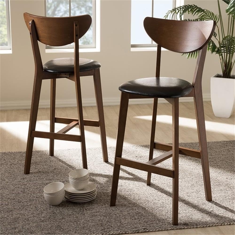 30" Bar Stools, Faux Leather and Rubberwood, Black and Walnut Brown Finish, Set of 2, Bentwood Back, Mid-Century