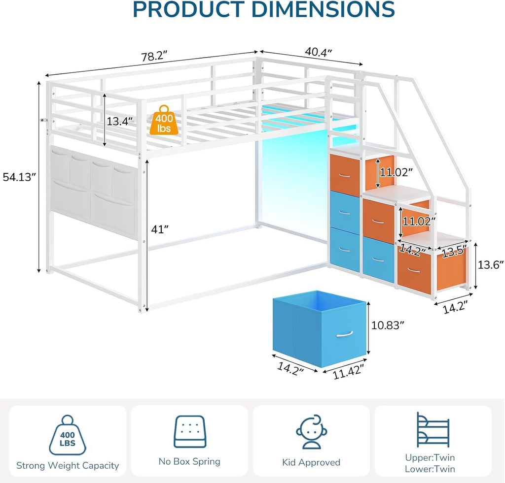 Low Bunk Bed Twin Over Twin with 6 Storage Drawers and 6-Pocket Organizer, Reversible Storage Staircase(Left or Right)