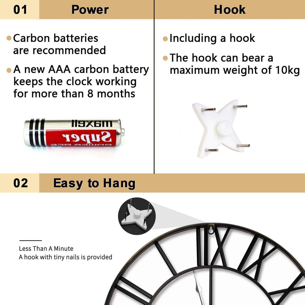 20 Inch Large Retro Wall Clock, Roman Numeral Rusty Style Round Metal Clock, Battery Operated