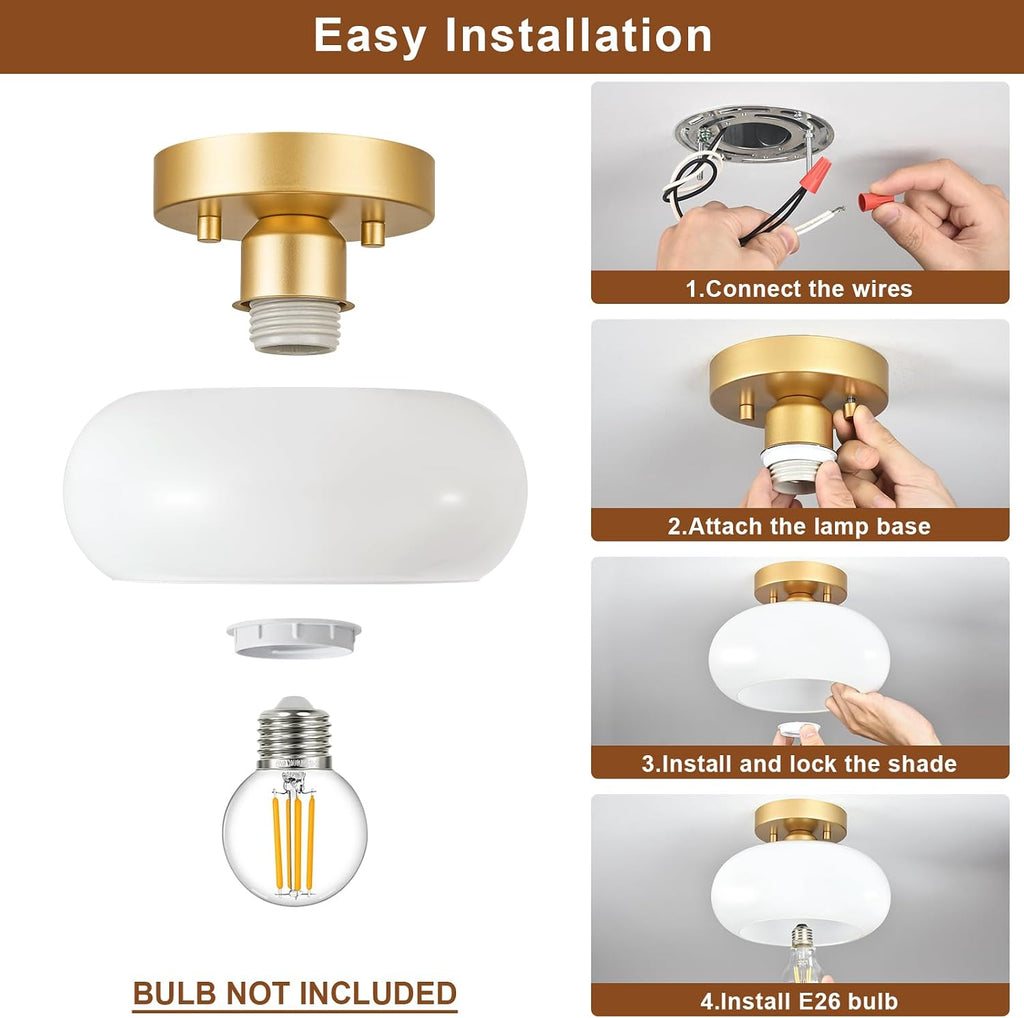 Mid-Century Modern Gold Semi Flush Ceiling Light 8.66 Inch | Mini White Glass Shade Close to Ceiling Lighting Fixture