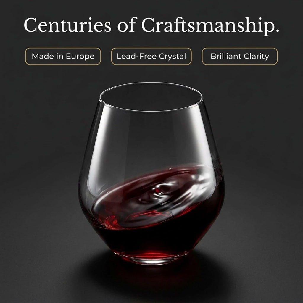 Wine Glasses, Stemless Wine Glasses, Red Wine Drinking Glasses, Stemless Wine Glass - 17oz, Set of 4 - Made in Europe