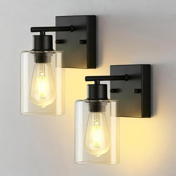 2-Pack Wall Sconces , Matte Black Vanity Lights, Modern Wall Light Fixture with Clear Glass Shade, Farmhouse