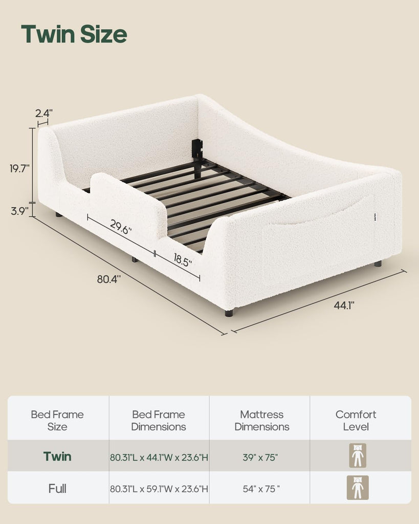Twin Floor Bed, Low Montessori 2-in-1 Beds, Slats, High Rails, Upholstered | 2-in-1 Convertible Bed Frame, Curved