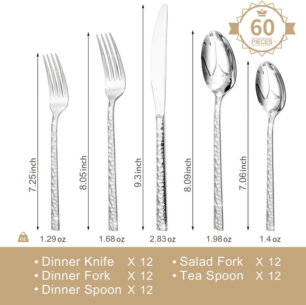 60-Piece Hammered Silverware Set, 18/10 Stainless Steel Flatware Set for 12, Cutlery Set