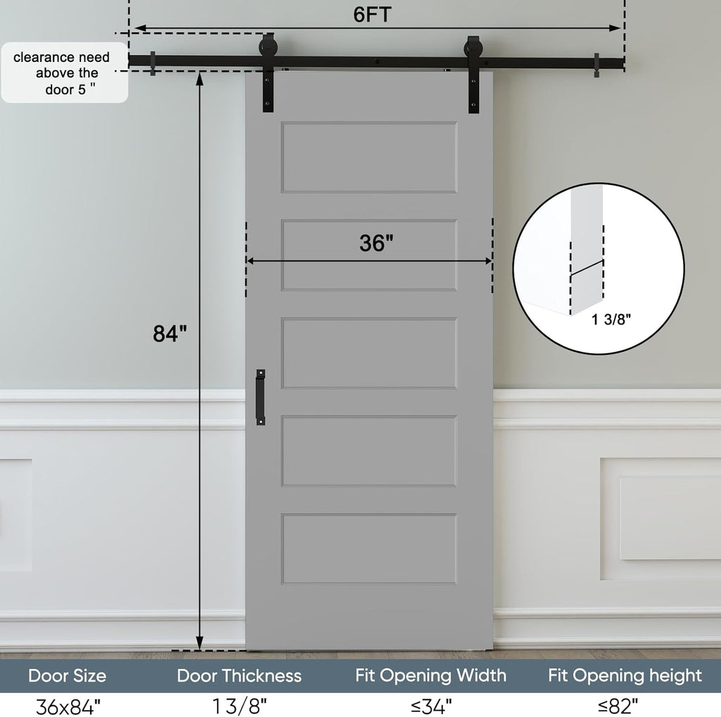 36"x84" Sliding Barn Door, 5-Panel White Primed Hollow Core Interior Molded Door Slab with 6FT Hardw