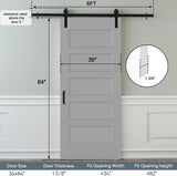 36"x84" Sliding Barn Door, 5-Panel White Primed Hollow Core Interior Molded Door Slab with 6FT Hardw
