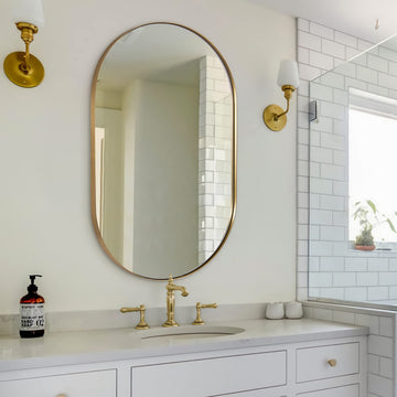 26x38 Inch Gold Oval Mirror, Oval Brass Mirror Pill Shaped Stainless Steel 1'' Deep Metal Frame Wall Mounted